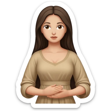 fullbody Mary Magdalene, buxom and fit figure, very pretty detailed face, plain light tan dress, arms down, no hood, dark hair sticker