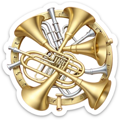 Create a festive and elegant emoji collage featuring a bouquet or fan of brass instrument bells (trumpets, saxophones, trombones, tubes, etc.) arranged in a radiant, symmetrical pattern. The instruments should have polished, golden and silver finishes, with their large, shiny bells forming a beautiful, fan-like display. Include a flowing ribbon of musical notes swirling through the center, conveying movement and melody. The background should feature a deep red velvet texture, adding a touch of luxury and sophistication. The overall composition should be balanced, with an elegant and regal feel, with a transparent background to keep focus on the instruments and musical elements. sticker