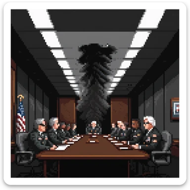 a SNES box art image of PENTAGON officials in a dark smoke filled board room meeting. cutscene graphic - 3/4 side perspective sticker