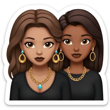 Boujy baddie best friends, trendy heavy makeup both dark hair one light skinned and one mocha brown pretty hair style both wearing black and earrings and necklace one mocha brown skin sticker