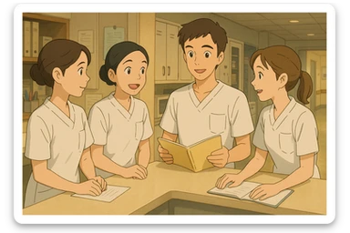 Team scene of four nursing students inspired by photos, interacting in a care station, Ghibli style. White uniforms, medical tunics with V-neck, left chest pocket, short sleeves, no classic collar, no visible accessories. Collaborative and caring atmosphere. sticker