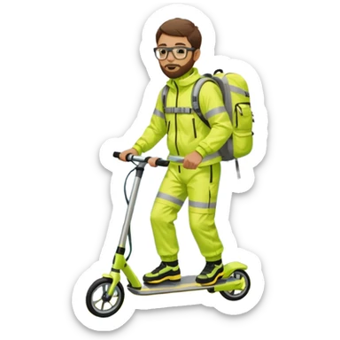 Man wearing a neon yellow high-vis waterproof suit with reflective stripes, carrying a large hiking backpack, standing on a stunt scooter. He has short brown hair, a trimmed beard, glasses, and is by the sea on a concrete platform. sticker