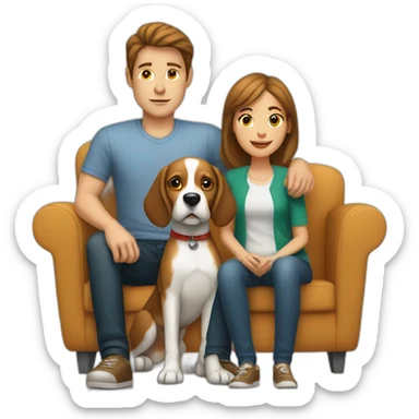 Brown hair White boy and girl with beagle Sit on couch sticker