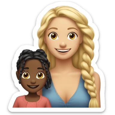 An emoji of a blonde mother with very long hair and a cheerful expression, standing next to her 3-year-old daughter, a small girl with black hair styled in two braids, both smiling happily together sticker