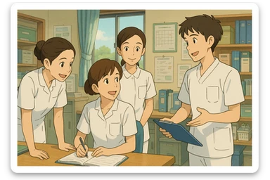 quatre étudiants infirmiers en interaction, style Ghibli, poste de soin, uniformes blancs à manches courtes, tuniques médicales col en V, poche poitrine à gauche, pas de stéthoscopes ni vêtements sous les manches, ambiance collaborative sticker