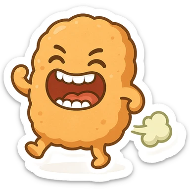 silly chicken nugget character, mouth wide open with teeth, farting, animated and fun style sticker
