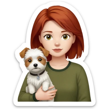 Westhighland white terrier dog being held by woman with dark shoulder length red hair and hazel eye wearing olive green top sticker