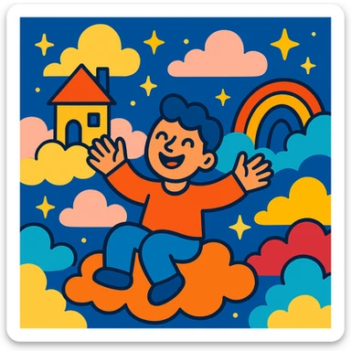 dream life as a colorful, whimsical scene with clouds, stars, and a happy character, in vibrant toon style sticker