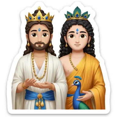Create a Jesus, Krishna, and Buddha standing together. Krishna: bright blue skin, black curly hair tied in a small topknot, a tiny golden crown decorated with a peacock feather, wearing a yellow dhoti and light golden jewelry

 sticker