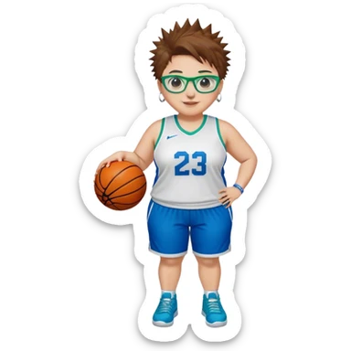 Full Body plus size white female basketball player with short medium brown hair with short spike hair wearing blue glasses 
With a pug wide nose wearing blue green uniform  green sneakers smiling wearing silver hoop earrings sticker