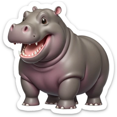 cinematic-hippo-realistic-full-body side view-standing on all fours-emoji,-massive-round-frame,-wide-mouthed-grin-exposing-huge-teeth,-head-tilted-dramatically,-thick-greyish-brown-hide-glossy-from-water,-simplified-yet-realistic-focused-features,-highly-detailed,-glowing-with-an-almost-sarcastic-glow sticker