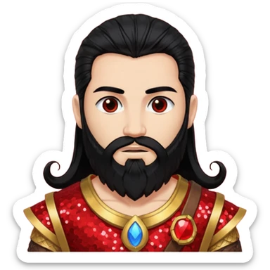Mars, God of War from Gods and Goddesses with long black hair and beard, red and black sequin outfit, light tan skin sticker