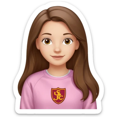 happy white long brunette hair girl with hazel eyes and in light pink sweatshirt with USC in white sticker