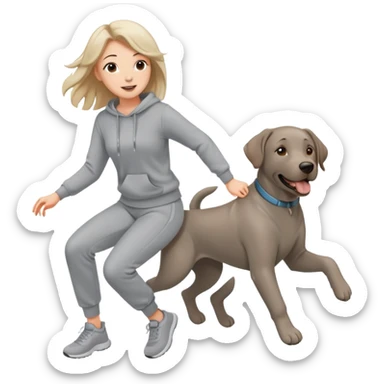 A beautiful girl with fair skin wearing a sweatshirt and sweatpants chasing a Labrador sticker
