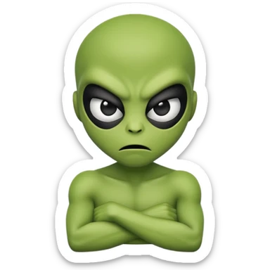 An emoji-style alien face with an angry expression, green skin, large black eyes, furrowed eyebrows, and a slanted side turned mouth, arms folded across chest showing contempt sticker