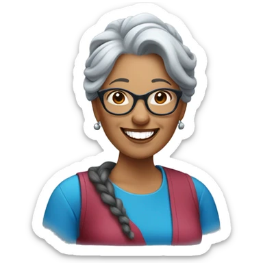 A laughing gray-haired woman with a long braid over one shoulder in a blue scoop-necked shirt with blue glasses perched on her head. Her lipstick is red sticker