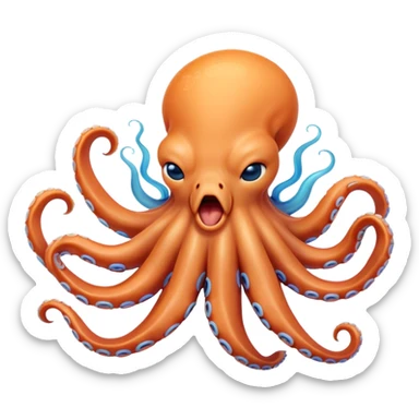 Cinematic Cute Yawning Octopus Portrait Emoji, Head tilted slightly with a dramatic, wide-open yawn, showcasing a plump, light orange body decorated with delicate blue rings and loosely draped arms with sleepy, half-closed eyes, Simplified yet irresistibly adorable features, highly detailed, glowing with a soft, cozy underwater glow, high shine, relaxed yet expressive, stylized with a hint of whimsical aquatic charm, soft glowing outline, capturing the essence of a drowsy yet affectionate octopus that appears ready to stretch and yawn its way out of the screen! sticker