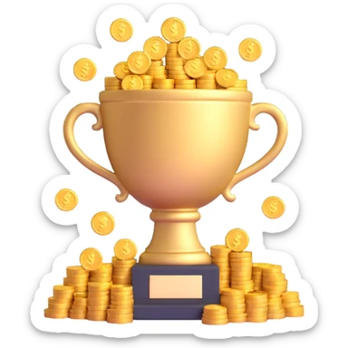 highly-detailed, realistic 3D icon of a large trophy filled with gold coins and dollar bills, brightly lit, transparent background sticker