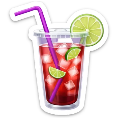 maroon purple cocktail with a lime wedge in the drink in a plastic cup with lid and straw  sticker