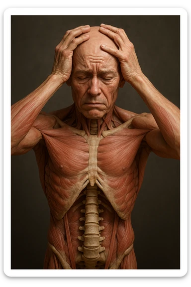 CORPO UMANO ANATOMICO con spina dorsale in evidenza, molto stanca e stressata mentre si tiene le mani sulla testa, IPERREALISTICO 4K sticker
