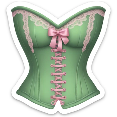 Sage green corset with pink lace and bows, isolated sticker