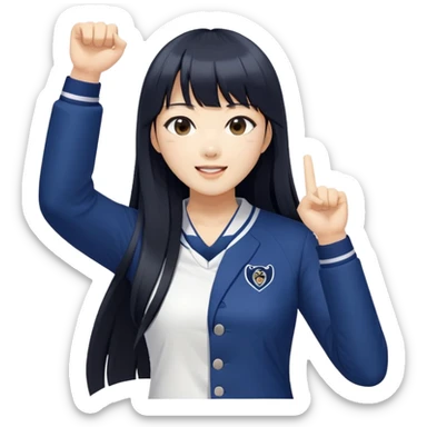 East Asian woman with long black straight hair and bangs wearing navy and white Doosan Bears team colors, cheering sticker