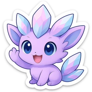 Make the chibi kawaii crystal sprite creature with a crystal tail wave hello. Keep the pastel purple, blue, and pink colors. Show a happy and excited expression. No background. Maintain the chibi kawaii crystal sprite style as in the reference image. sticker