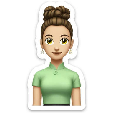 young girl with brunette hair tied up in a high bun and brunette hair, light green eyes  is take a sign with a big 10 sticker