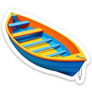 Brightly painted Cardboard dinghy boat with straight sides, very basic design pointed on one end, flat blunt square rear  sticker
