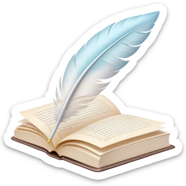 Create a delicate and poetic emoji representing poetry. The design should feature several elegantly flying pages with short poetic columns written on them. The pages should appear light and flowing, almost as if being carried by the wind. Include a white feather gently resting on the pages, symbolizing creativity and inspiration. Use soft, pastel tones like light creams to give it a dreamy, artistic feel. The design should feel ethereal and whimsical, capturing the essence of poetry. Make the background transparent. sticker