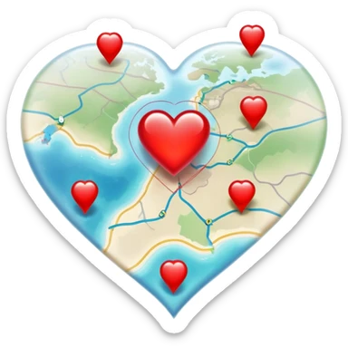 Translucent ethereal map with actual cartographic details, red heart markers for relationships and different colored pins for various emotional experiences sticker