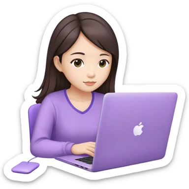 Long hair brunette Asian girl working on lavender laptop sticker