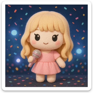 Pretty and girly Blonde pop star with bangs, holding a bedazzled microphone, reimagined as a soft kawaii plushie doll, with a nighttime concert backdrop with colorful confetti sticker