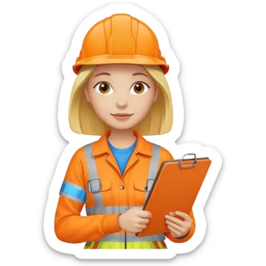 woman in orange hi vis overalls holding a clipboard sticker