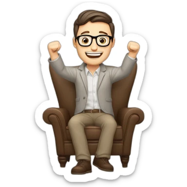 Joyful Celebrating victory Hands up Pale skinned Fit Man With dark brown hair in gray jacket, beige office shirt, Brown pants and vintage glasses sitting In a soft chair sticker