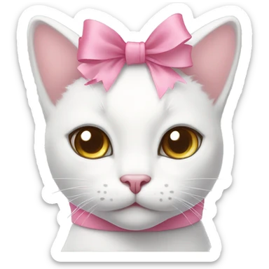 white cat with light grey spot on top of head smiling with a pink bow  sticker