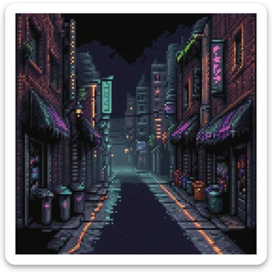 Pixel art background, side view of a dark Gotham-style street at night, moody lighting, flickering neon signs, trash bins, wet pavement, shadows in windows, 2D fighting game stage style, straight camera angle, retro arcade aesthetic
 sticker