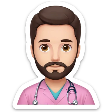 doctor with dark long brown hair and beard, big brown eyes and pink scrubs  sticker