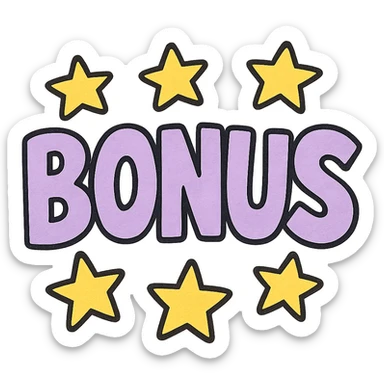 the word BONUS in large letters, all the same vibrant color, surrounded by stars, no background or sign behind, just the letters and stars, vibrant cartoon style QUIERO EXACTAMENTE IGUAL SOLO QUE LAS LETRAS DEBEN SER VIOLETA PASTEL Y LAS ESTRELLAS AMARILLAS sticker
