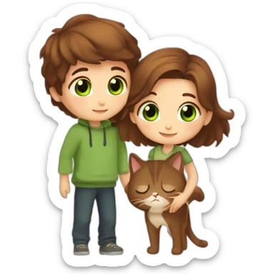 Girl with brown eyes and brown hair kisses the boy with brown hair and green eyes and hugs brown cats sticker