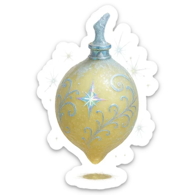 modernus prabangus eliksyro buteliukas, šaldytos citrinos forma, šerkšnas, šviesiai geltona spalva, holografiniai ir sidabriniai ornamentai, stiprūs magiški švytėjimai ir efektai, labai mažas kaklelis, skaidrus fonas, vientisas dugnas, be šešėlio, plūduriuoja ore, kolekcijos stilius sticker