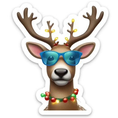 A reindeer  with cool shades and Christmas lights decorations on their antlers  sticker