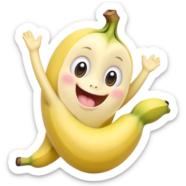 Cute Kawaii Banana, slightly curved, soft pastel yellow, cute giggling face with big round eyes, tiny arms waving happily, a peeled section revealing a smiling expression! sticker