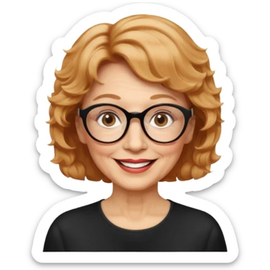 woman 70 years old, very short strawberry blonde weavy hair, brown eyes and round dark glasses smile sticker