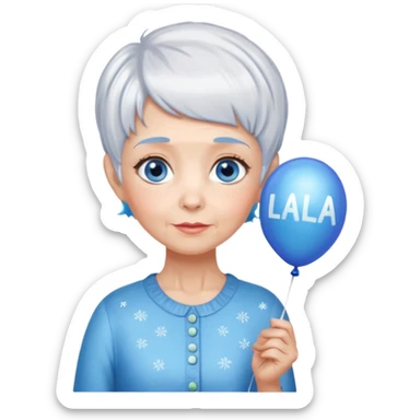 Grandma with big blue eyes, pixie cut white glitter hair, thin, holding a big balloon that says Lala ♥️ you!  sticker