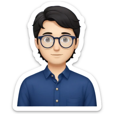 Young caucasian man with slightly longer wavy black hair, round glasses, torso only, wearing dark blue relaxed buttoned-up shirt sticker