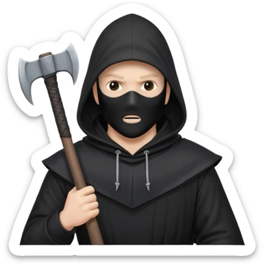 an executioner with a black hood/ sheet on his face so we can't see his face and a big axe with large blades in his hand sticker