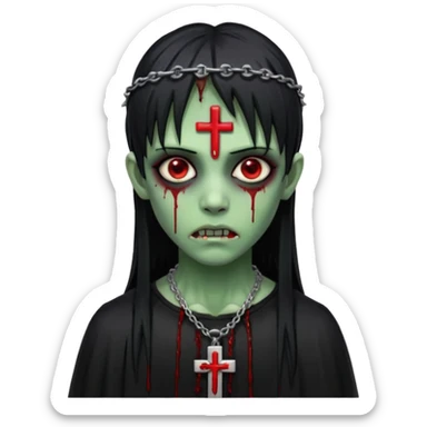 zumbi verde com olhos vermelhos sangrando e franja roupa preta e um crucifixo como colar sticker
