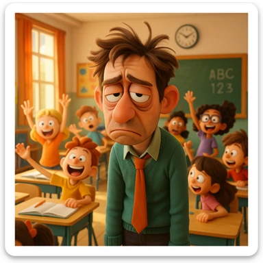 3d cartoon art of a exhausted teacher in a bustling classroom sticker