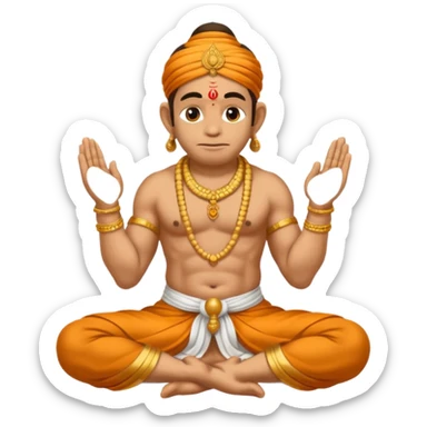 Hanuman ji seated and praying with close eyes with golden mukut and only in dhoti no upper wearings and tail behind sticker